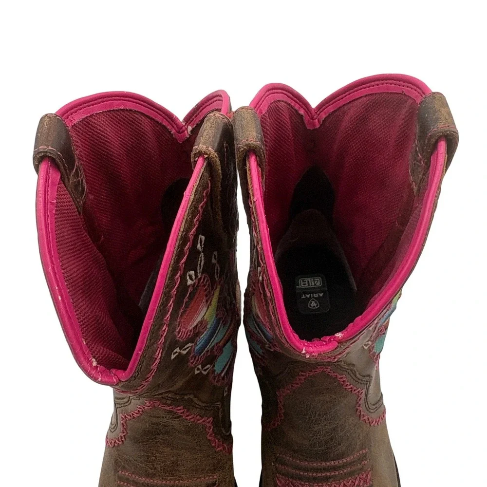 Ariat Desert Diva Kids Cowboy Boots Girl Sz 2 Brown Cactus Inset Pink Stitching - Picture 5 of 9